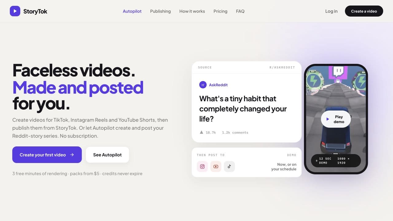 The updated Storytok homepage with its purple branding, video preview, and video creation and publishing features.
